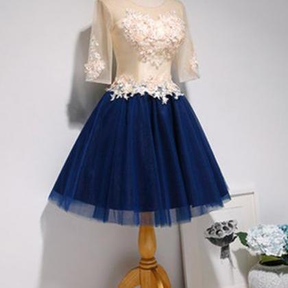 Champagne Tulle Short Navy Blue Tulle Prom Dress,..