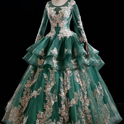 Emerald Green Enchantment Long-sleeve Ball Gown..