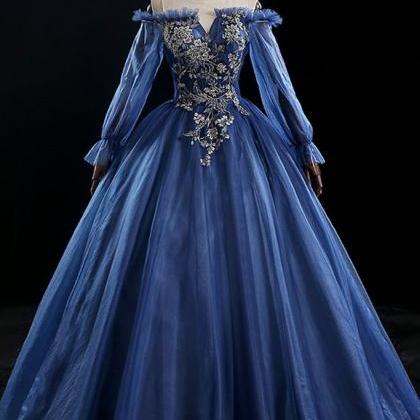 Deep Blue Tulle Lace Applique Long Formal Prom..