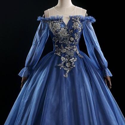 Deep Blue Tulle Lace Applique Long Formal Prom..