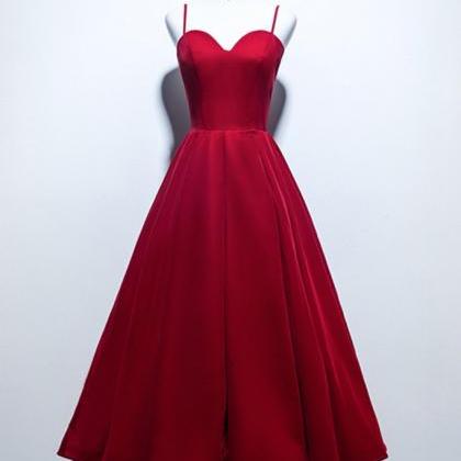 Simple Red Satin Sweetheart Neck Tea Length Prom..