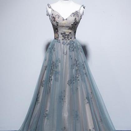 Blue Tulle Embroidery Long V Neck Open Back Prom..