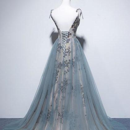 Blue Tulle Embroidery Long V Neck Open Back Prom..