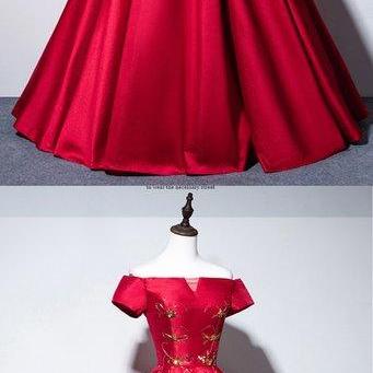 Red Embroidery Satin Strapless Short Sleeve A Line..