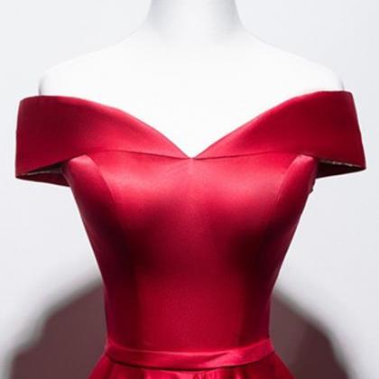 Trumpet Off Shoulder V-neck Sleeveless Red Satin Long Prom Dress, Slit