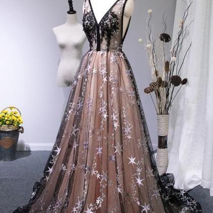 Black Floral Star Tulle Long Lace Up Formal Prom..
