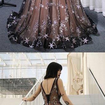 Black Floral Star Tulle Long Lace Up Formal Prom..