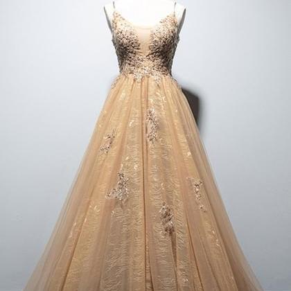 Champagne Lace Spaghetti Straps Floor Length Prom..