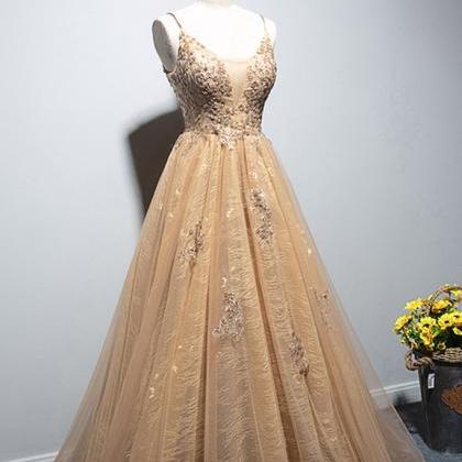 Champagne Lace Spaghetti Straps Floor Length Prom..