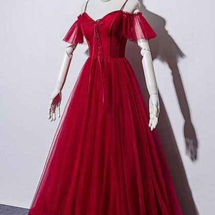 Red Tulle Off Shoulder Long V Neck Prom Dress, Lace Formal Dress    cg17506