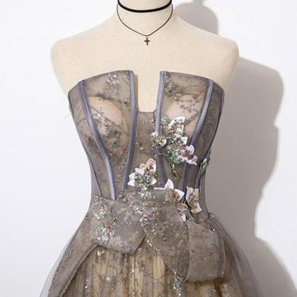 Gray Gold Tulle Strapless Customize Long Prom..