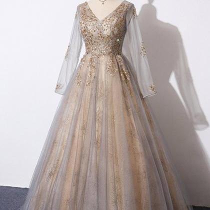 Gray Tulle Long Sleeve Pleats Beading Evening Prom Dress main image 0