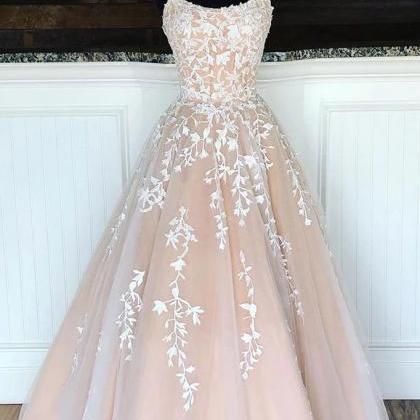 Champagne Tulle Lace Applique Long Open Back Prom..