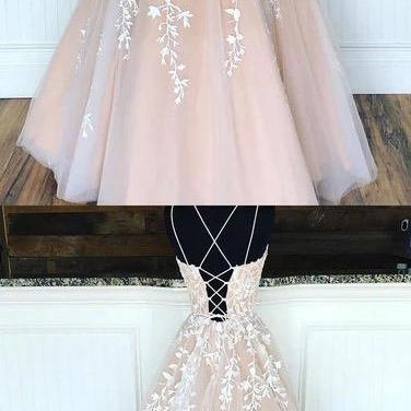 Champagne Tulle Lace Applique Long Open Back Prom..