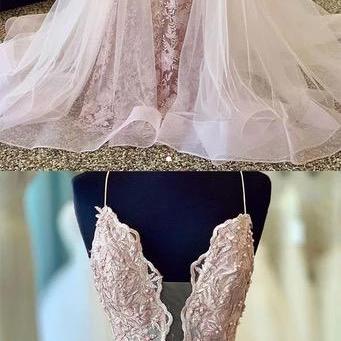 Pink Embroidery Lace Tulle Spaghetti Straps Long..