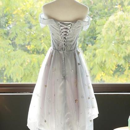 Gray Tulle Simple Short A Line Prom Dress,..
