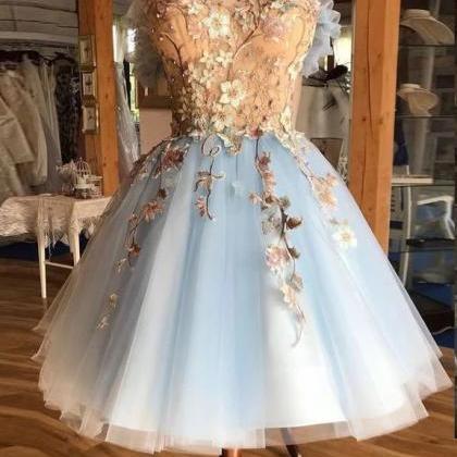 Blue Tulle Embroidery Lace Off Shoulder Short Prom..