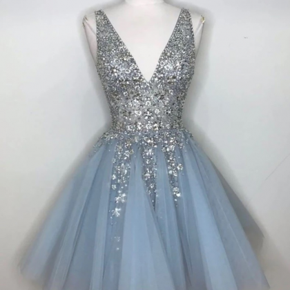 Spring Blue Tulle V Neck Sequins Short Prom Dress,..