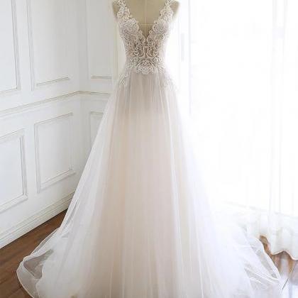 White Tulle Lace Custom Size Long Wedding Dress,..
