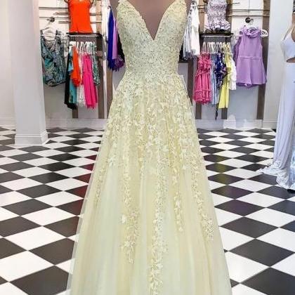 Fresh Yellow Tulle Long Lace Applique Senior Prom..