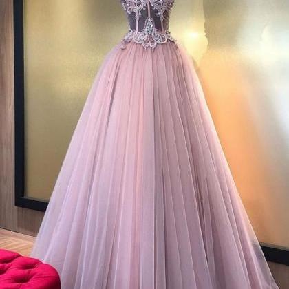 Sweetheart Neck Pink Lace Tulle A Line Senior Prom..