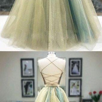 Unique Long Tulle Two Piece Beaded Open Back Long..