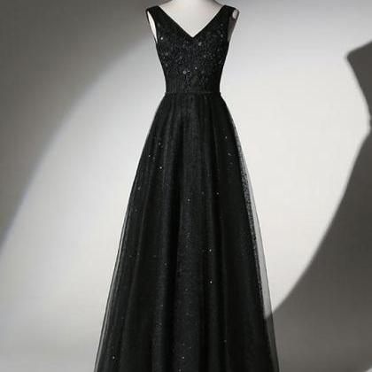 Black Lace V Neck Sequins Long Prom Dress, Black..