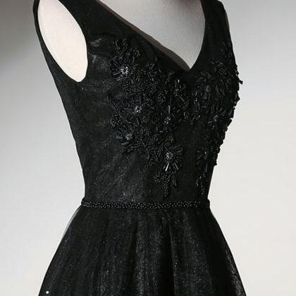 Black Lace V Neck Sequins Long Prom Dress, Black..