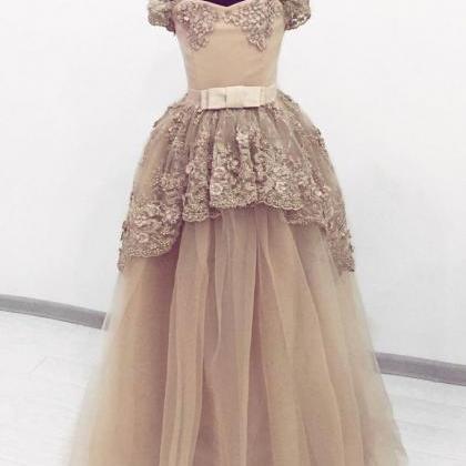 Champagne Tulle Lace Sweetheart Puffy Sleeve Prom..