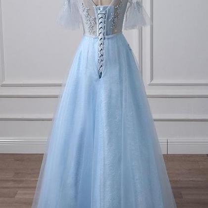 Blue Tulle Sequins Mid Sleeve Long Formal Prom..