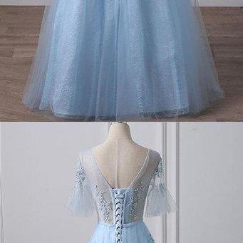 Blue Tulle Sequins Mid Sleeve Long Formal Prom..