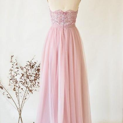 Pink Tulle Lace Strapless O Neck Long Senior Prom..
