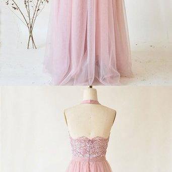 Pink Tulle Lace Strapless O Neck Long Senior Prom..
