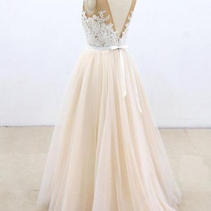 Creamy Airy Tulle V Neck Long Senior Prom Dress,..