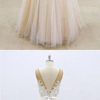 Creamy Airy Tulle V Neck Long Senior Prom Dress,..