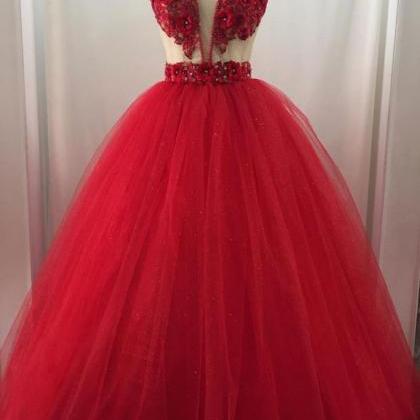 Red Tulle Lace Applique Beaded Long Prom Dress,..