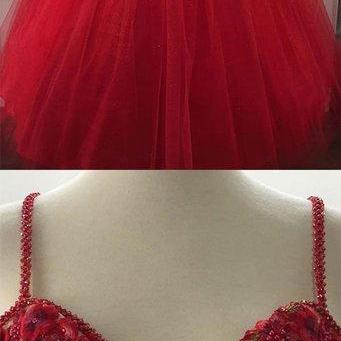 Red Tulle Lace Applique Beaded Long Prom Dress,..