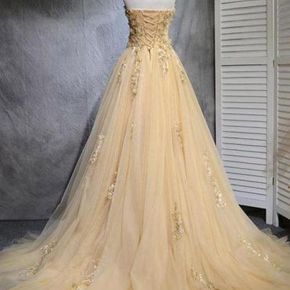 Sweetheart Champagne Tulle Strapless Long A Line..