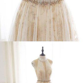 Creamy Tulle High Neck Long Floral Lace Prom..
