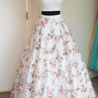 White Floral Tulle Long Two Pieces Prom Dress,..