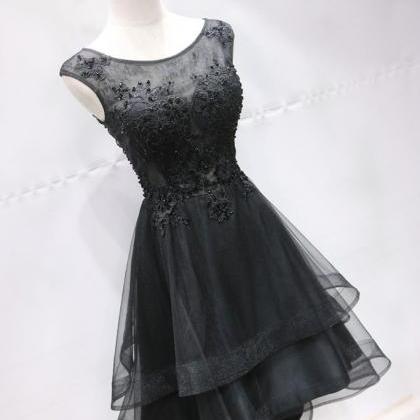 Black Tulle Round Neck High Low Homecoming Dress,..