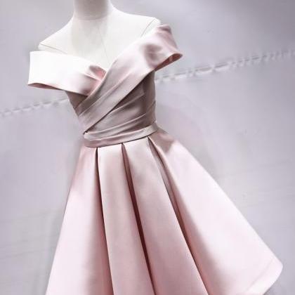 Pink Satin V Neck Short Off Shoulder Prom Dress,..