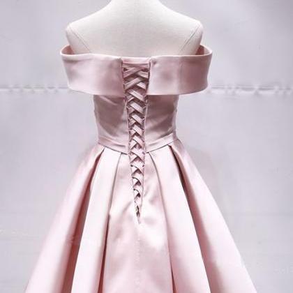 Pink Satin V Neck Short Off Shoulder Prom Dress,..