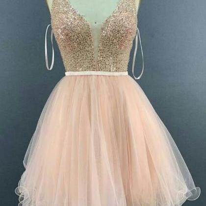 Pink Tulle V Neck Short Prom Dress, Short Sequins..