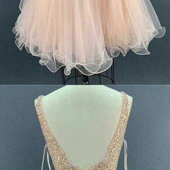 Pink Tulle V Neck Short Prom Dress, Short Sequins..