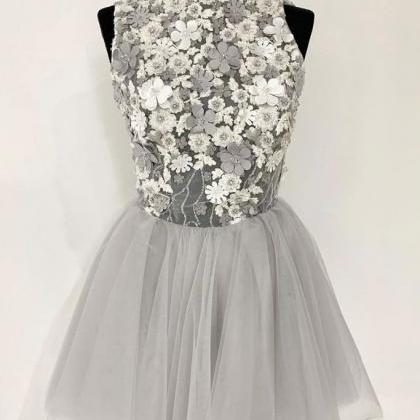 Gray Tulle 3d Flower Lace Short Prom Dress, Beaded..