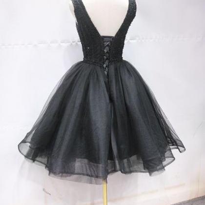 Black Tulle Lace Mini Prom Dress, Beaded Lace Up..