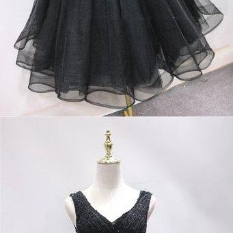Black Tulle Lace Mini Prom Dress, Beaded Lace Up..