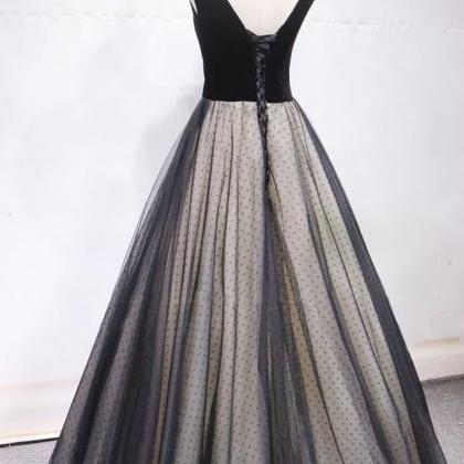 Black Spotted Tulle V Neck Long Halter Prom Dress,..