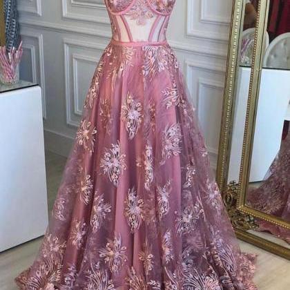 Pink Lace Tulle Sweetheart Neck Long Senior Prom..